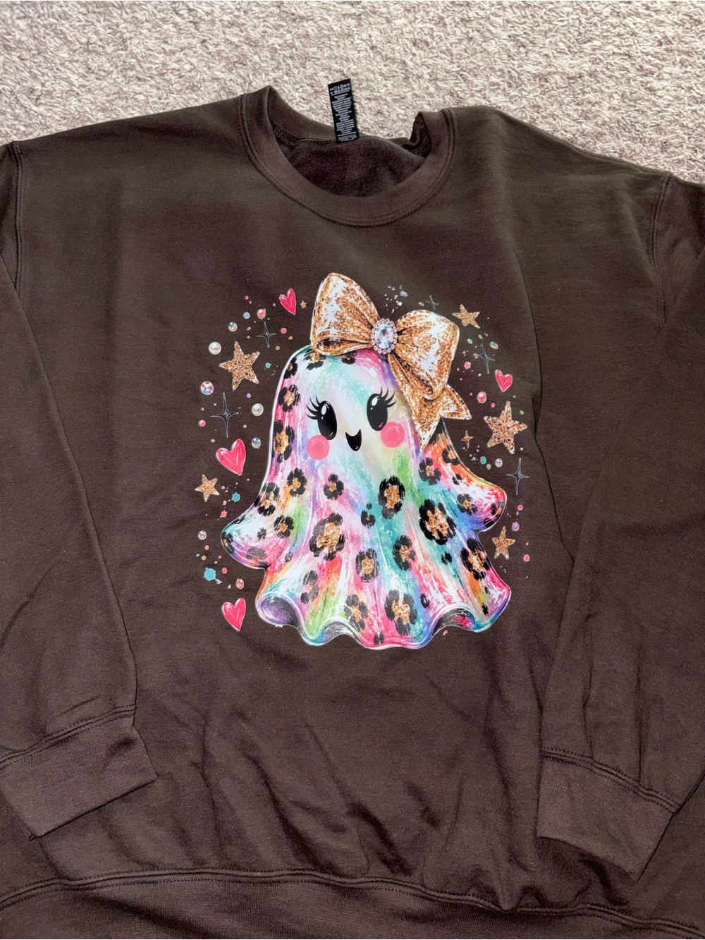 Gildan Black Sweatshirt with Colorful Leopard Ghost and Gold Bow